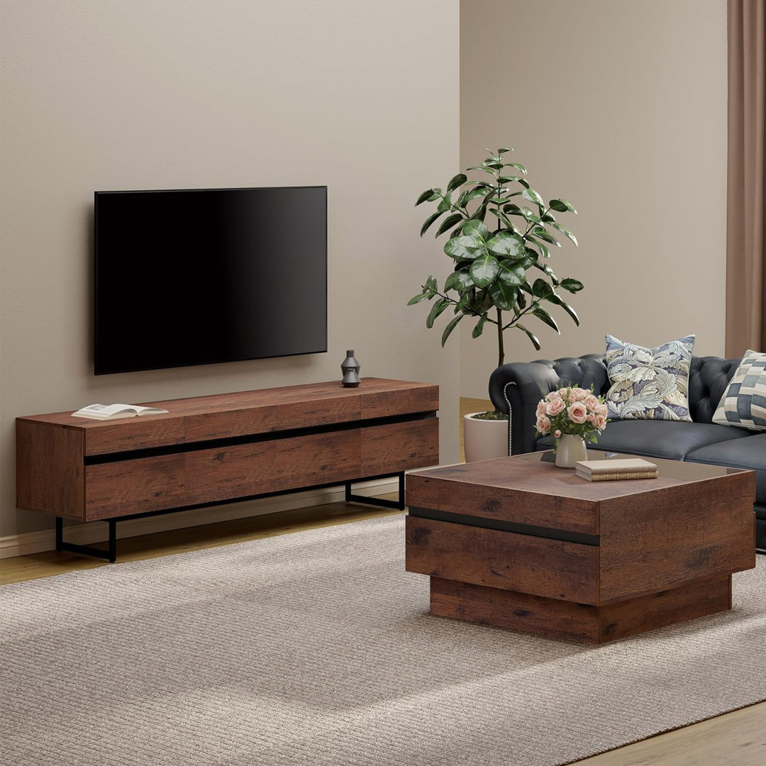 Aadam Modern TV Stand And Coffee Table Set Of 2, Storage Entertainment Center For Tvs Up To 100 Inch, Square Center Table With Tempered Glass And Storage Drawers For Living Room, Brown